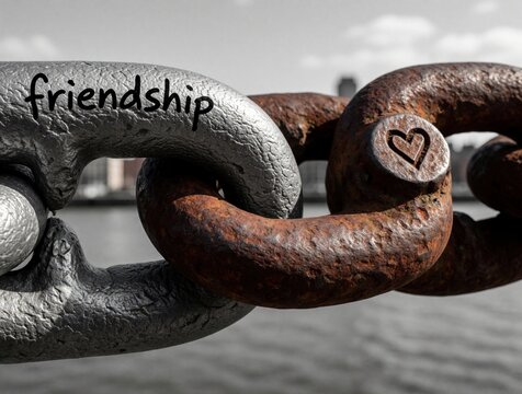 Close up of metal chain links. One silver link friendship text, rusty link heart symbol. Concept of strong connection between people. Metal links connect despite rust, aging to show unity, bond.