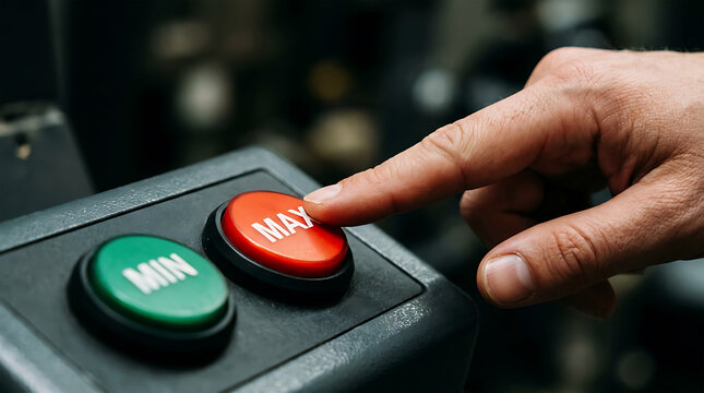 Hand Pressing Red MAX Button Next to Green MIN Button Control Panel Equipment Concept