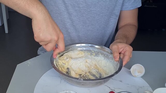 Mixing dough in a kitchen at home for baking