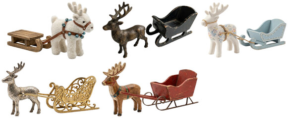 Collection of decorative miniature reindeer figurines pulling toy holiday sleighs in varied materials and styles. © z_to_the_top