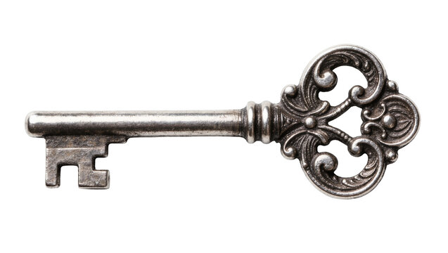 Ornate antique silver skeleton key with intricate scrollwork, isolated on transparent background
