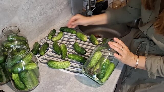 Cucumbers are packed in jars at home kitchen in preparation for