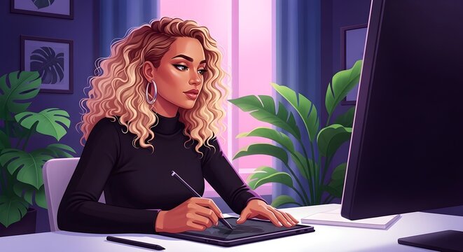 Creative Digital Artist woman with curly hair using a graphics tablet in a modern home studio with plants, ideal for freelance work blogs and graphic design services.