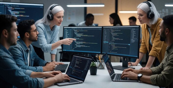 Diverse software engineering team works together in modern office. Platinum blonde female developer points at computer screen code, explaining programming logic to male colleague. Programmers use