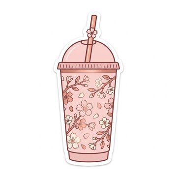 Pink cherry blossom plastic cup with straw vector illustration isolated on white background