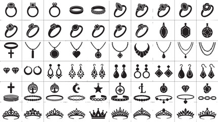 Fototapeta premium Set of Various Jewelry Icons Including Rings Necklaces Earrings and Tiaras in Flat Vector Style