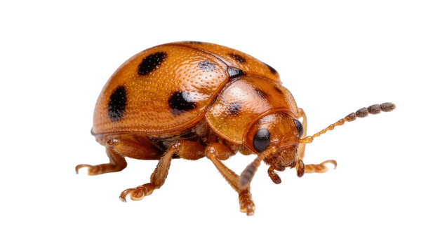 Orange ladybug with black spots, isolated on transparent background
