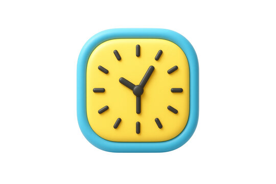 Modern blue and yellow square analog wall clock 3D render illustration isolated on white background with blue border modern design interior object
