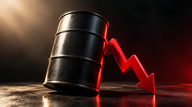 Black crude oil barrel standing beside sharp red downward trend arrow representing falling global oil prices and economic crisis
