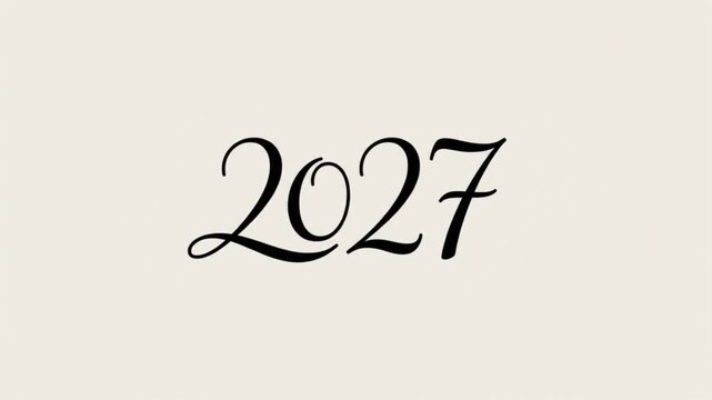 Minimalist isolated vector animation of a single elegant ink stroke drawing across a clean surface, initially forming an abstract 2026 symbol and then smoothly redirecting into a refined 2027 numeral 