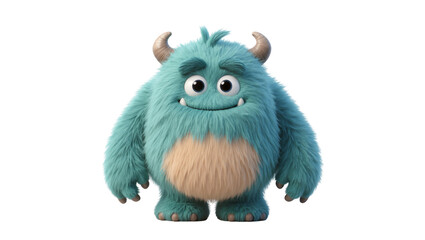 Fluffy blue monster with horns and beige belly, isolated on transparent background © Emilia