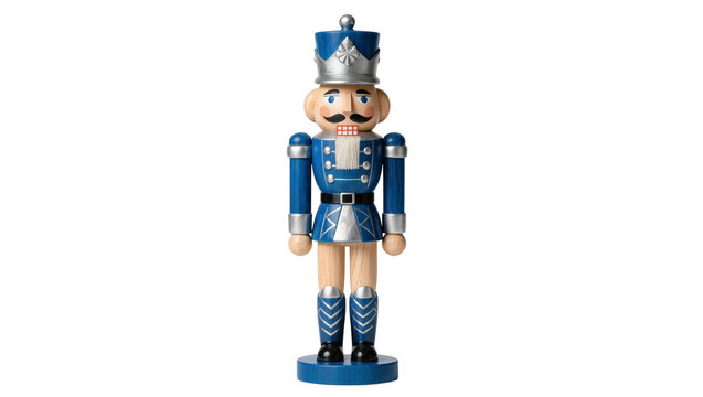 Blue wooden soldier nutcracker with silver accents, isolated on transparent background