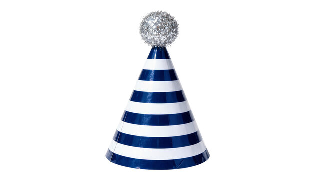 Blue and white striped party hat with silver pompom, isolated on transparent background