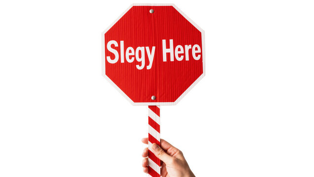 Hand holding red octagonal stop sign with white text Slegy Here , isolated on transparent background