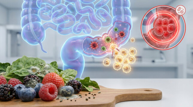 Pathogens entering intestinal tract with contaminated food and fresh produce, illustrating digestive infection, immune response, and intestinal health in clinical setting