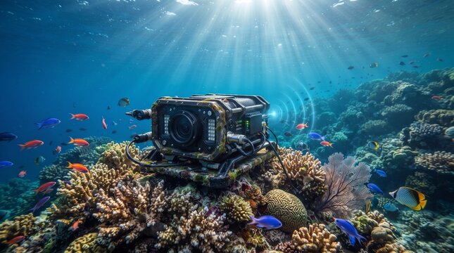 Modern underwater robot exploring the vibrant coral reef with colorful tropical fish and sun rays shining through the clear blue ocean water