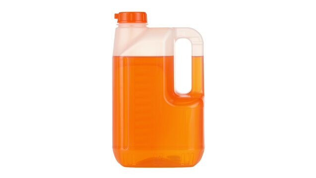 Orange liquid in a clear plastic jug with handle, isolated on transparent background