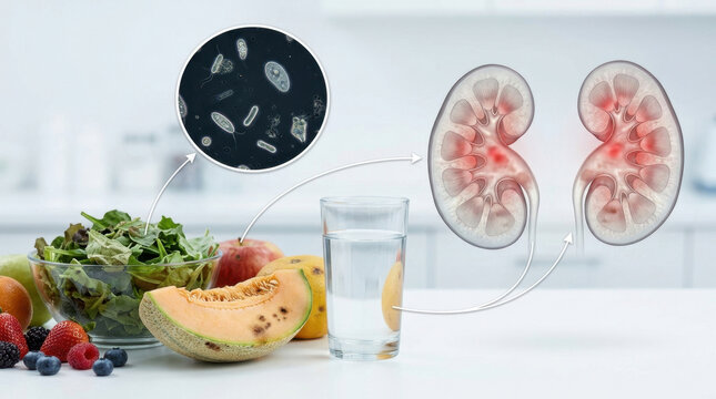 Contaminated fruit affecting kidney health with microscopic organisms, fresh produce, water, and anatomical organs on kitchen table