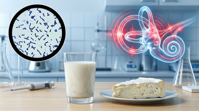 Contaminated food causing illness, bacteria magnified beside milk and cheese in laboratory setting, highlighting infection risk and digestive discomfort