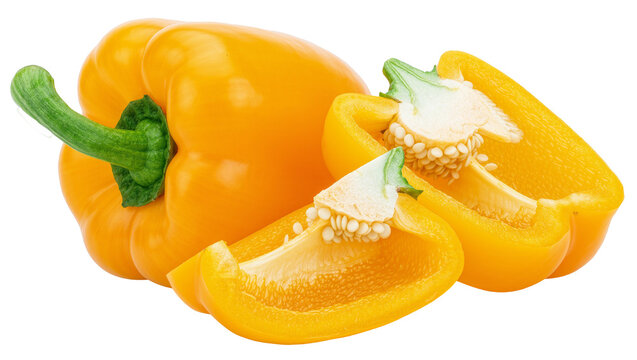 Whole and sliced yellow bell pepper with green stem, isolated on transparent background