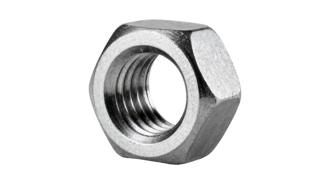 Hexagonal metal nut with internal threads, isolated on transparent background
