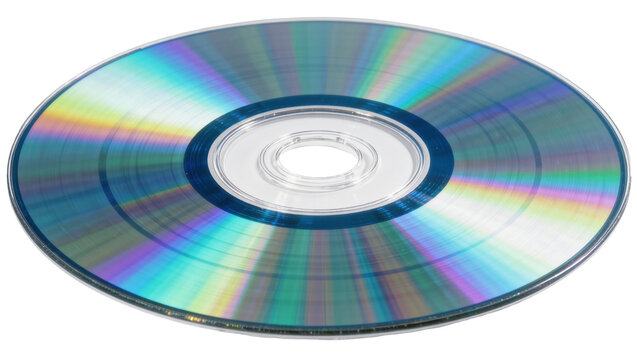 Shiny compact disc with rainbow spectrum reflections, isolated on transparent background