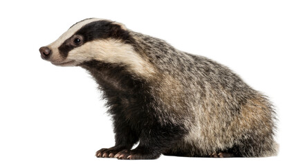European badger with distinctive black and white striped face, isolated on transparent background © Emilia