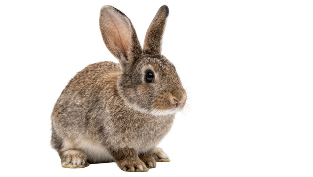 Fluffy brown rabbit sitting attentively, isolated on transparent background
