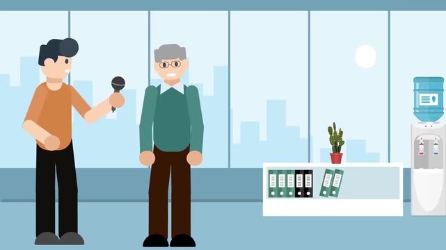 Journalist interviewing senior man holding microphone inside modern office building animation stock video footage
