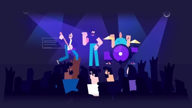 Animated music band performing live concert with energetic rock musicians on illuminated stage video footage
