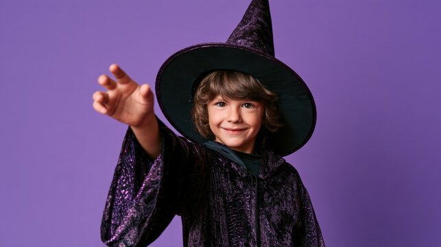 Young boy dressed as wizard with black pointed hat and cloak reaching out hand while smiling against purple background