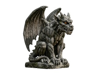 Fototapeta premium Gothic Stone Gargoyle Statue with Bat Wings and Glowing Orange Eyes Isolated on White Background for Commercial Use