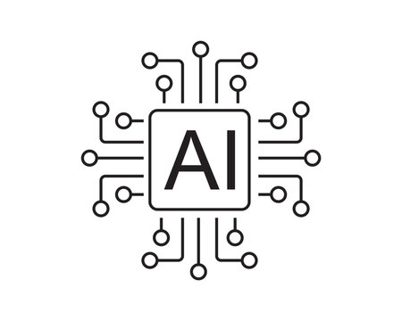Artificial intelligence icon, sign, logo in the circuit line style outline with  AI processor vector icon flat design. Motherboard digital chip AI. Machine learning design