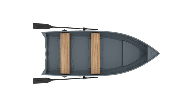 Gray metal rowboat with wooden seats and oars, isolated on transparent background