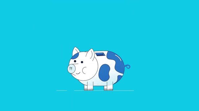 Cute piggy bank animation showing dollar coin falling inside slot for financial savings concept video clip