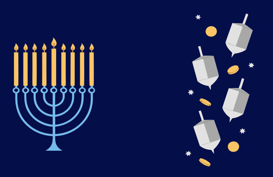 Hanukkah menorah and dreidel background with copy space, flat vector