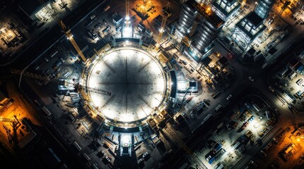 Fototapeta premium Aerial view of massive industrial construction site at night. Large circular concrete structure glows under bright lights. Heavy machinery, cranes, equipment surround building foundation. Complex