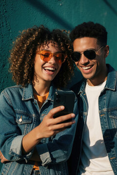 Happy young couple looks at smartphone screen together outdoors. Stylish man, woman with curly hair laugh using mobile phone against teal wall. Diverse friends enjoy social media connection, fun