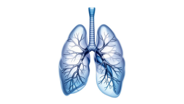 Blue translucent human lungs with branching bronchi, isolated on transparent background