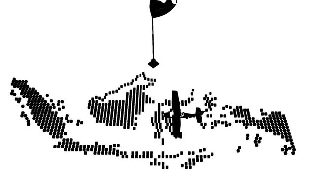 Indonesia Map Silhouette with Flag and Airplane Flying
