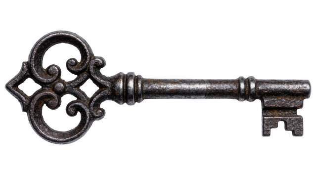 Antique ornate metal key with decorative bow, isolated on transparent background