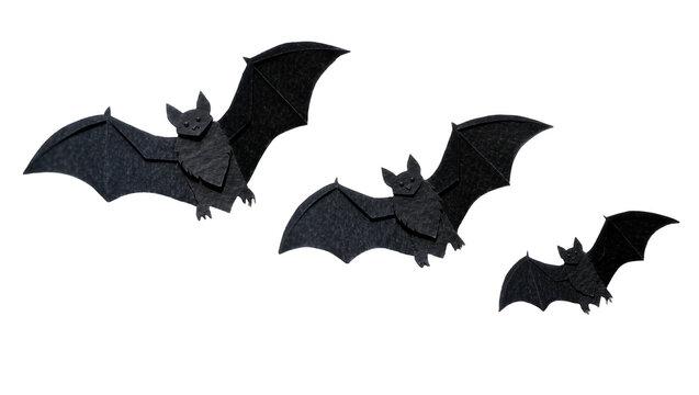 Three black felt bat decorations, isolated on transparent background