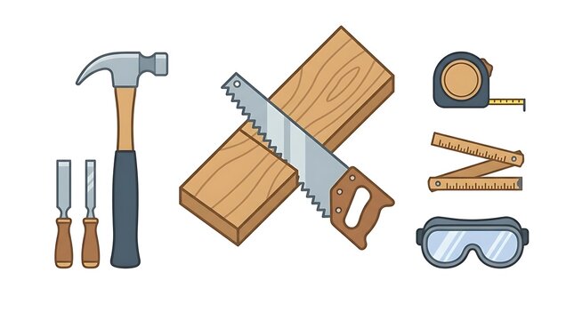 Woodworking tools collection including saw hammer and measuring tape.