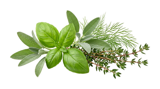 Fresh culinary herbs bundle with basil sage dill and thyme for cooking isolated on transparent background.