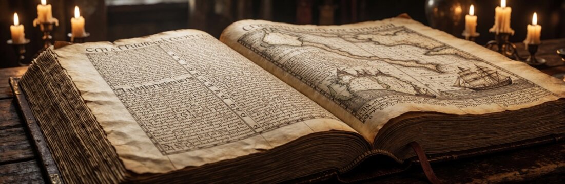 Giant old open book with antique maps, text on aged parchment paper. Large ledger shows global trade routes, sailing ships. Burning candles provide warm light in dark library study room. Ancient