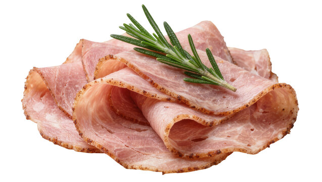 Thinly sliced deli ham with a fresh rosemary sprig, isolated on transparent background