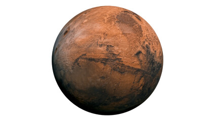 Red planet Mars with visible craters and dark patches, isolated on transparent background © Emilia