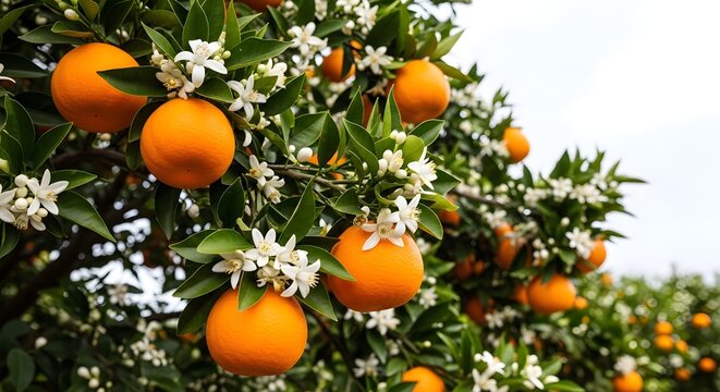 Fresh Citrus Harvest with ripe oranges and white blossoms on lush green branches in a sunny orchard, ideal for organic farming promotions and juice packaging design.