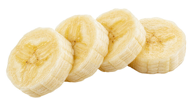 Four ripe banana slices arranged in a row, isolated on transparent background