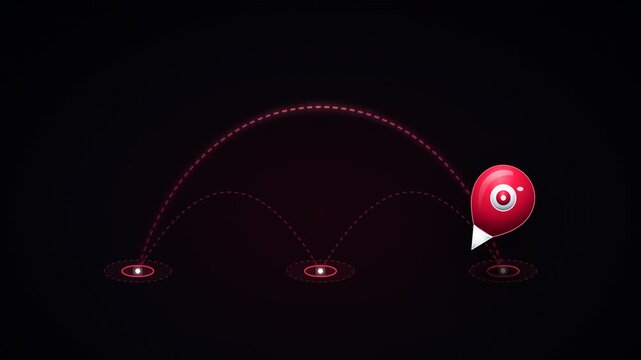 Red localization mark pin icon moving along dotted path interface